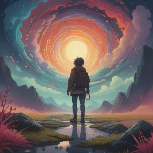 A serene landscape depicting a person standing at a crossroads, surrounded by swirling mist and vibrant colors, representing choices and uncertainty, ethereal lighting, symbolism of spiritual growth and transformation, introspective mood, 4k