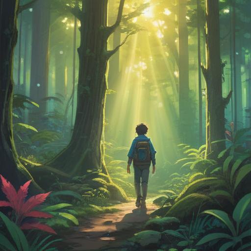 A serene and reflective scene depicting a person in a lush forest, surrounded by vibrant nature, soft rays of sunlight breaking through the trees, a sense of calm and acceptance on their face, symbolic elements like butterflies and flowing water representing spiritual growth, a gentle breeze creating movement in the leaves, rich textures, harmonious colors, evocative of inner peace and understanding, 4k