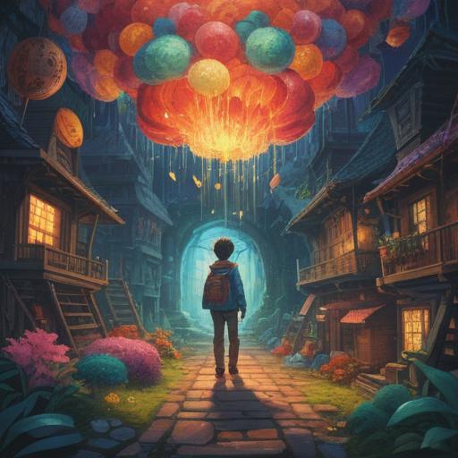 A whimsical scene depicting a character facing unexpected challenges, surrounded by vibrant colors, chance encounters with lucky objects, elements of serendipity, a playful atmosphere, magical happenings, an illustration that captures the essence of embracing spontaneity and luck, 4k