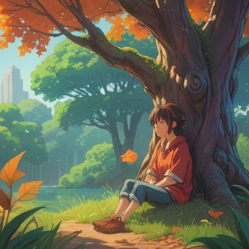 A serene landscape depicting a person sitting under a large tree, reflecting on their thoughts, gentle breeze rustling the leaves, soft sunlight filtering through the branches, a calm river flowing nearby, symbols of balance and tranquility, a feeling of introspection and mindfulness, lush greenery, a sense of peace and acceptance, 4k