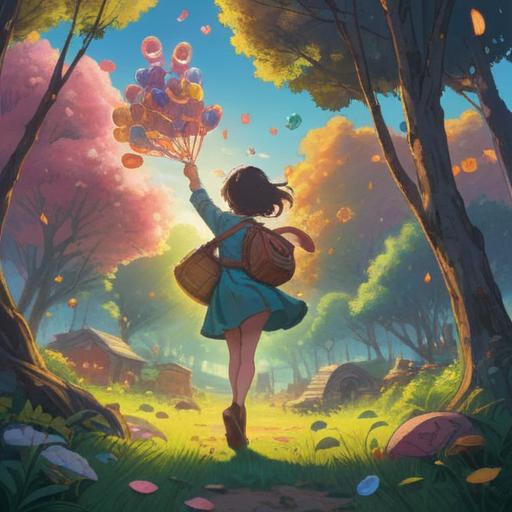 A serene scene depicting a person releasing cherished belongings into the wind, symbolic lucky charms floating around, soft sunlight filtering through trees, emotional expression on the person's face, sense of freedom and hope, gentle breeze, tranquil surroundings, vibrant colors, peaceful atmosphere, 4k