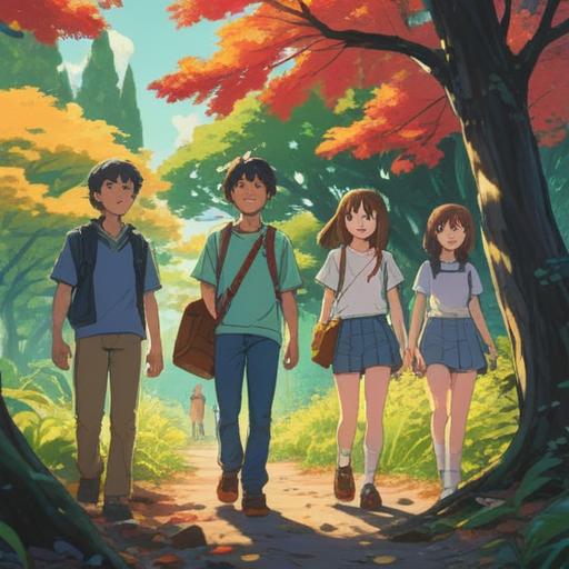 A serene and uplifting scene depicting a diverse group of people engaging in positive activities, warm sunlight filtering through lush trees, each individual smiling and sharing joy, connotations of mindfulness and gratitude, vibrant colors, a peaceful park setting, harmonious interactions, encouraging words, bright future, 4k