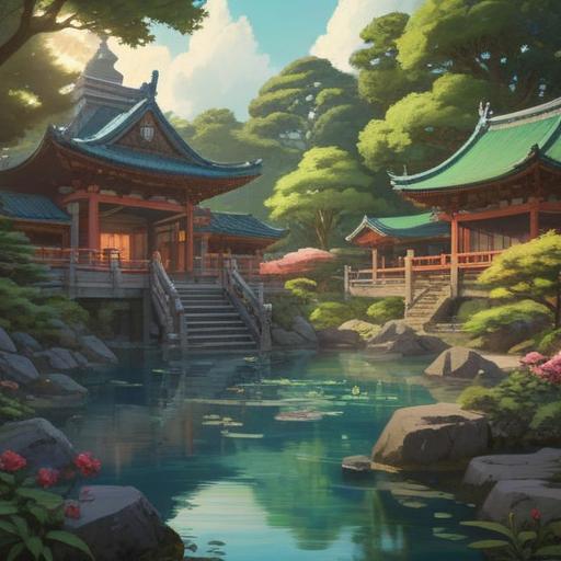 A serene illustration of a traditional Japanese temple, surrounded by lush greenery and a tranquil pond, soft rays of sunlight filtering through the trees, peaceful atmosphere, symbolizing enlightenment and spirituality, intricate architectural details, calm water reflections, gentle breeze, 4k