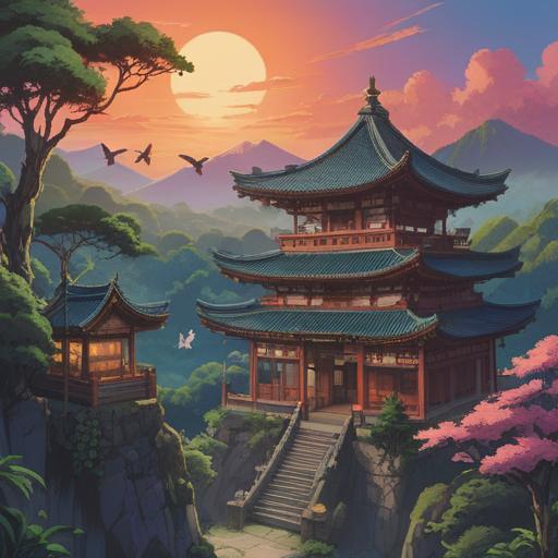A serene and tranquil illustration of a temple named 