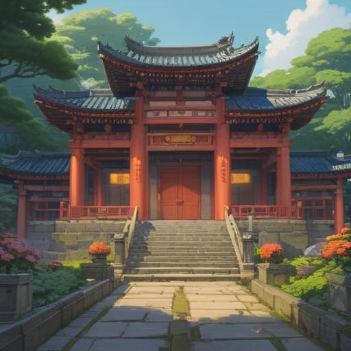 A serene landscape featuring the entrance of Shimeiin Temple, an ethereal atmosphere, subtle spiritual symbols in the surroundings, gentle light filtering through trees, a sense of tranquility and contemplation, visitors walking mindfully, intricate details of temple architecture, lush greenery, reflections of the temple in a nearby pond, 4k