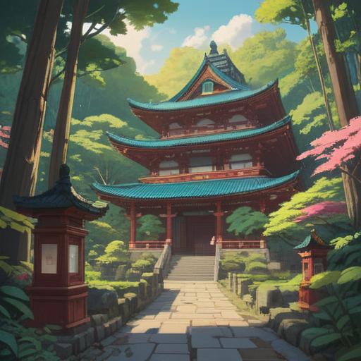A serene and tranquil illustration of a Shimeiin temple, surrounded by lush greenery and soft sunlight, depicting a variety of lucky items such as crystals, amulets, and incense, a sense of spiritual energy emanating from the items, peaceful atmosphere, harmonious color palette, intricate details in the architecture, inviting and calming representation, 4k