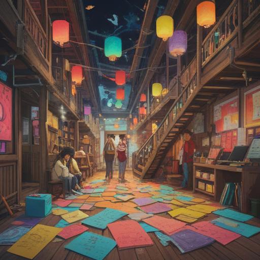 A harmonious gathering of diverse individuals sharing ideas, a vibrant scene filled with colorful post-it notes and documents, teamwork essence captured, lively discussion atmosphere, creativity and collaboration embodied, warm lighting, 4k