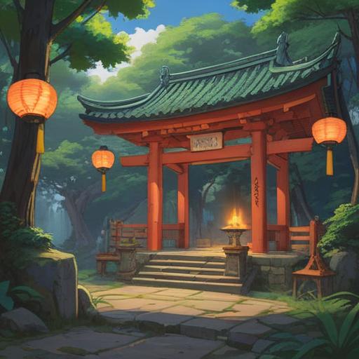 A serene illustration of Ichihime Shrine, surrounded by lush greenery, mystical atmosphere, traditional Shinto architecture, offerings and lanterns, spiritual peace, a tranquil landscape with cherry blossom trees, soft sunlight filtering through the leaves, reflecting a sense of sanctity and connection to nature, 4k