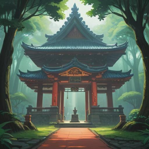 A serene depiction of Ichihime Shrine, surrounded by lush greenery and mystical mist, symbolic representations of spiritual signs such as glowing orbs and soft light beams, tranquil atmosphere reflecting spiritual enlightenment, intricate architectural details of the shrine, ethereal presence, harmonious blend of nature and spirituality, 4k