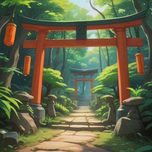 A serene illustration of Ichihime Shrine, surrounded by lush greenery, sacred torii gate, soft sunlight filtering through the leaves, mystical aura, visitors observing subtle spiritual signs, scattered cherry blossoms, tranquil pond reflecting the sky, inviting atmosphere, peaceful moment of reflection, 4k