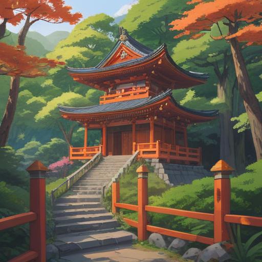 A serene scene at Ichihime Shrine, a traditional Japanese shrine surrounded by lush greenery, visitors engaging in rituals to obtain lucky items, vibrant red torii gate, soft sunlight filtering through the leaves, ornate offerings displayed, peaceful atmosphere, detailed textures of ancient stone, 4k