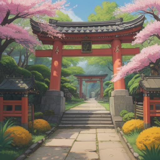 A serene illustration of Ichihi Shrine, surrounded by lush greenery and vibrant cherry blossoms, traditional Japanese architecture, inviting torii gate, peaceful atmosphere, small stone lanterns along the pathway, cultural significance reflected in the details, sun filtering through the trees, 4k