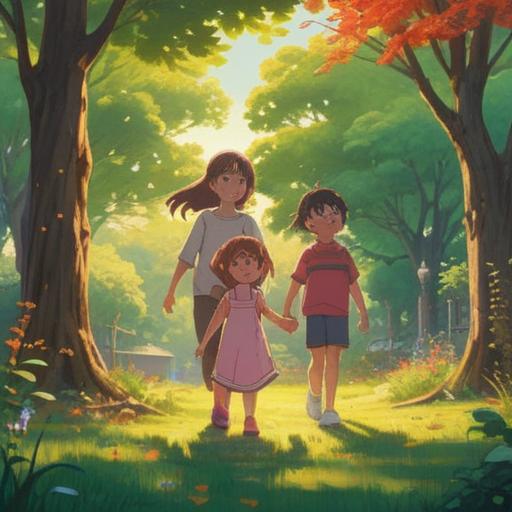 A serene family scene depicting a joyful blended family, children playing together in a sunlit park, symbols of love and unity surrounding them, representations of spiritual growth and connection, harmonious relationships, gentle interactions, vibrant natural elements, warm and inviting atmosphere, connection through love, 4k