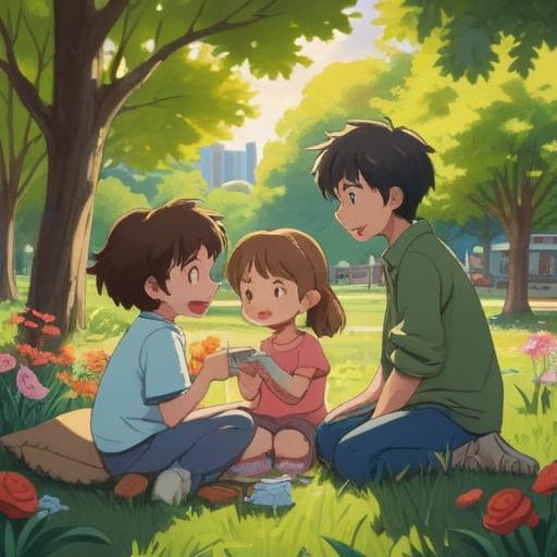 A heartwarming scene of a blended family, children playing joyfully in a sunlit park, parents sharing a loving glance, symbolizing unity and new beginnings, vibrant greenery, happiness and harmony, reflecting spiritual growth, warm and inviting atmosphere, 4k