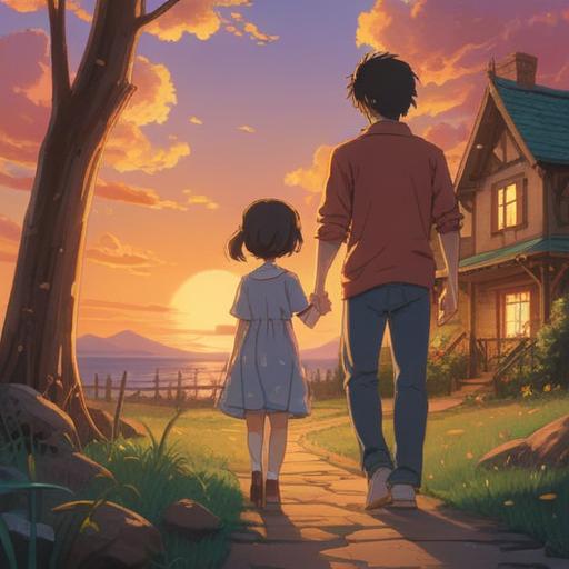 A serene family scene depicting a blended family, a parent with a child holding hands, a warm sunset illuminating their smiles, gentle expressions reflecting trust and love, symbols of harmony such as doves and rainbows in the background, a spiritual aura present, capturing the essence of new beginnings and connections, 4k