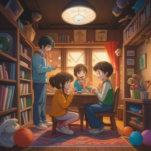 A heartwarming scene depicting a blended family celebrating together, cheerful atmosphere, children playing with colorful toys, parents exchanging loving glances, a cozy home environment filled with light, lucky items like four-leaf clovers and rabbits' feet subtly incorporated in the decor, vibrant colors, joyful expressions, 4k