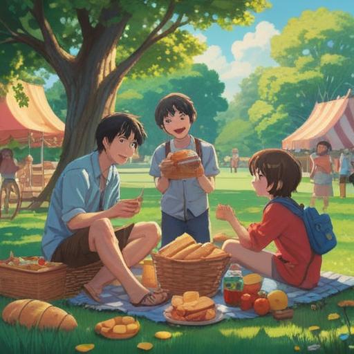 A heartwarming family scene, a newly blended family enjoying a picnic in a sunny park, children laughing and playing, parents sharing smiles and gentle touches, vibrant green grass, blooming flowers around, a sense of love and unity, warm sunlight filtering through trees, cozy atmosphere, 4k