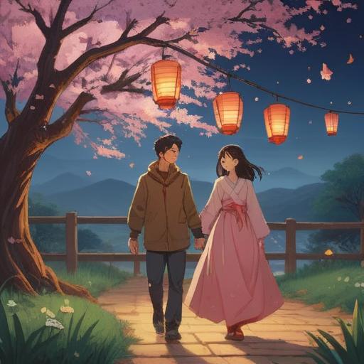 A serene scene depicting a couple surrounded by blooming cherry blossom trees, holding hands and smiling joyfully, lanterns hanging from branches glowing softly, gentle breeze rustling petals, symbols of fertility like ripe fruits nearby, vibrant colors, optimistic and hopeful atmosphere, 4k