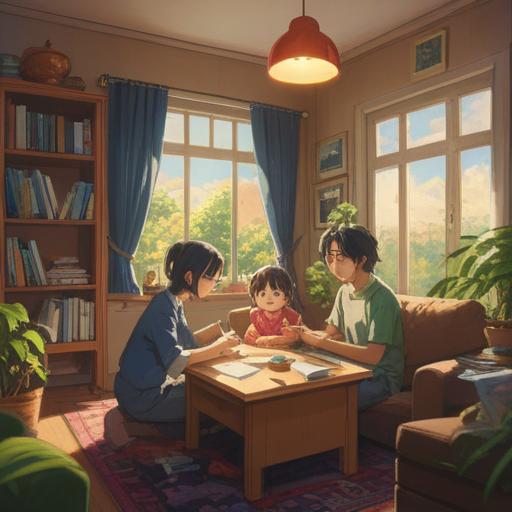 A heartwarming scene depicting a family practicing nurturing habits for fertility, cozy living room setting, warm sunlight filtering through the window, parents reading to their child, symbols of love and care, plants growing in the background, soft textures and inviting colors, calming atmosphere, emotional connection, 4k