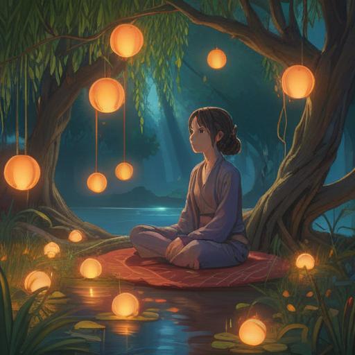 A serene and introspective scene depicting a woman meditating under a willow tree, surrounded by floating orbs of light representing spiritual signs, a soft ethereal glow illuminating her face, a peaceful lake reflecting the twilight sky, gentle ripples in the water, nature's tranquility, symbolism of fertility and hope, harmonious atmosphere, 4k