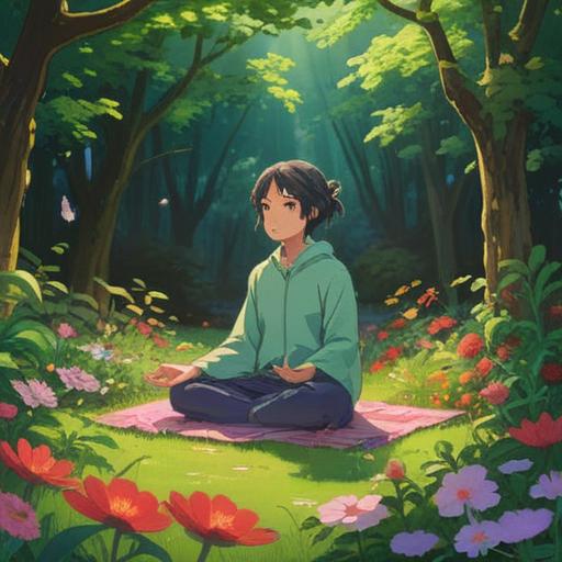 A serene and tranquil scene depicting a person meditating in a peaceful garden, surrounded by blooming flowers and gentle sunlight filtering through the trees, a sense of inner calm and focus, symbolic elements representing fertility and growth, like blossoming seeds or nurturing hands, a soft and harmonious color palette, 4k