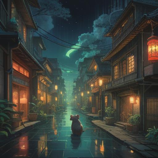 A serene illustration representing the spiritual significance of the Year of the Rat, ethereal atmosphere, symbols of prosperity and abundance, a mystical rat surrounded by shimmering light, lush greenery, ancient Chinese motifs, harmonious balance, 4k