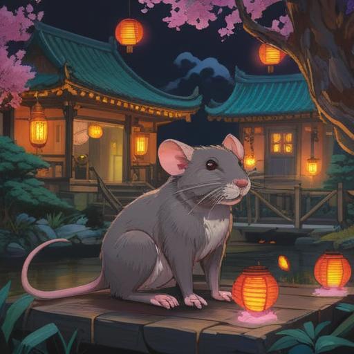 A mystical scene depicting the Year of the Rat, vibrant and symbolic, rats surrounded by auspicious symbols, glowing lanterns and cherry blossoms, a serene atmosphere filled with positive energy, harmonious interaction between nature and creatures, rich cultural elements, spiritual guidance, 4k