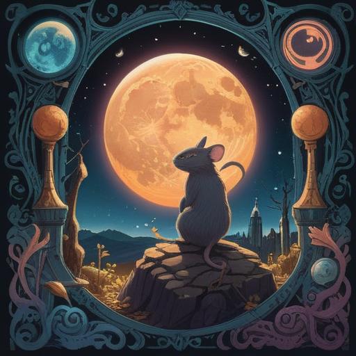 A mystical illustration depicting the spiritual signs to be aware of in the Year of the Rat, various symbols like a rat, moon phases, and intuitive elements, an ethereal forest setting, soft light filtering through trees, a sense of guidance and protection, harmonious color palette, detailed textures, tranquil atmosphere, insightful imagery, 4k