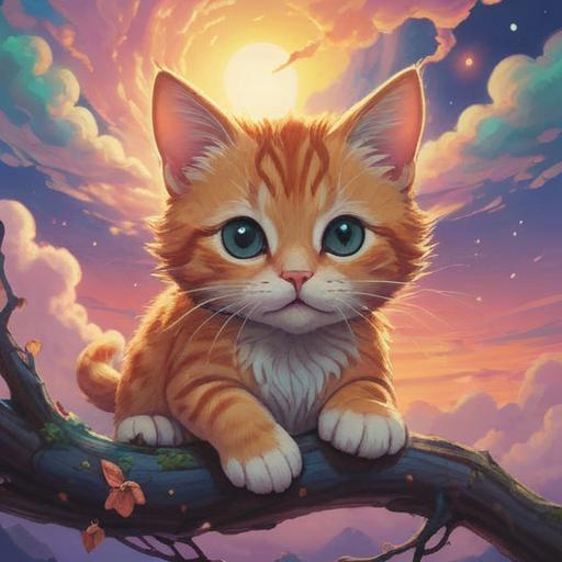 A serene and whimsical illustration of a dreaming kitten, surrounded by ethereal colors, soft glowing lights, a mystical landscape, floating clouds, gentle stars, vibrant flowers, symbolizing innocence and curiosity, capturing the spiritual essence of dreams, 4k