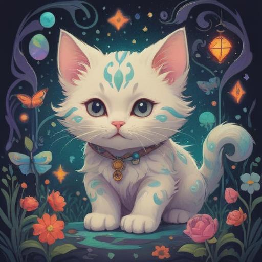 A serene and whimsical illustration of a dreaming kitten, surrounded by ethereal symbols of spirituality, soft glows of light, gentle pastel colors, floating in a cloud-filled sky, surrounded by sparkling stars and mystical signs, conveying a sense of hope and good fortune, peaceful expression on the kitten's face, intricate patterns in the background, representing tranquility and positive energy, 4k