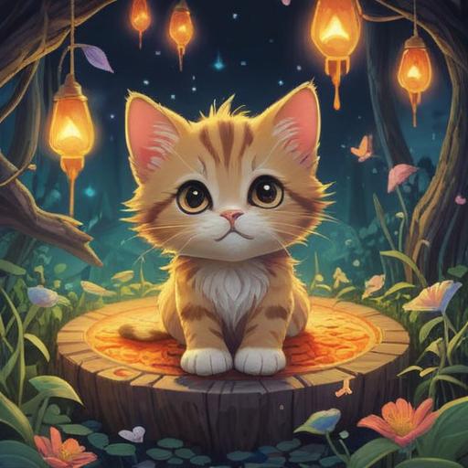 A whimsical illustration of a kitten appearing in a dream, ethereal surroundings, soft glowing lights, mysterious symbols floating in the air, a tranquil night sky, delicate clouds, a sense of wonder and spirituality, calming colors, dreamlike atmosphere, 4k