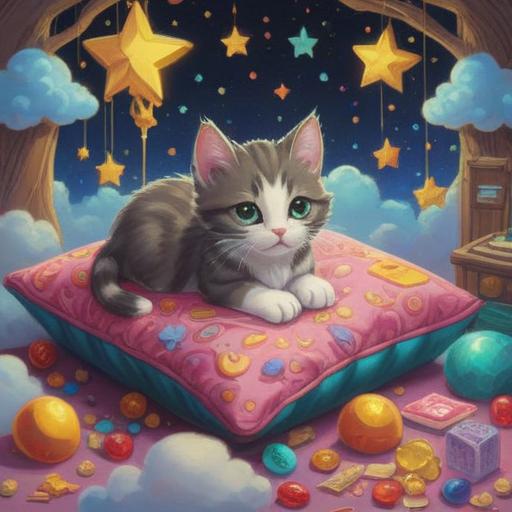 A whimsical scene depicting a small kitten lying on a colorful pillow, surrounded by sparkling stars and gentle clouds, an array of lucky charms such as four-leaf clovers and dream catchers floating around, a soft and warm atmosphere, pastel colors, enchanting dreamlike quality, 4k