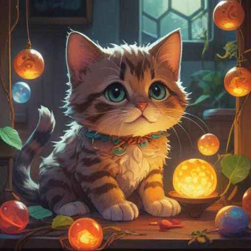 A cozy scene featuring a small kitten waking up from a dream, surrounded by colorful glowing orbs representing luck, soft morning light streaming through a window, playful ambiance, a hint of whimsy in the air, warm pastel colors, inviting atmosphere, the kitten with a curious expression, playful details around, 4k