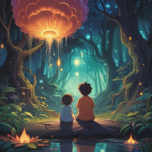 A vibrant illustration of a nurturing family with many children, surrounded by nature, playful interactions, symbols of spirituality, glowing aura around them, harmonious atmosphere, depicted in a whimsical style, conveying a sense of abundance and positivity, 4k