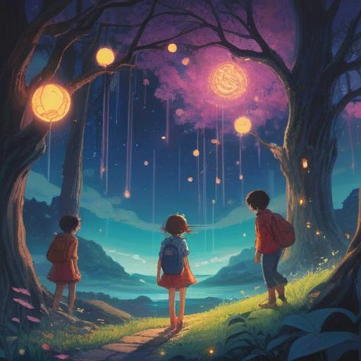 A mystical scene depicting abundant children, ethereal energy surrounding them, symbolic celestial elements in the background, soft glowing lights, vibrant aura, nature infused atmosphere, subtle spiritual symbols woven into the environment, heartwarming expressions, 4k