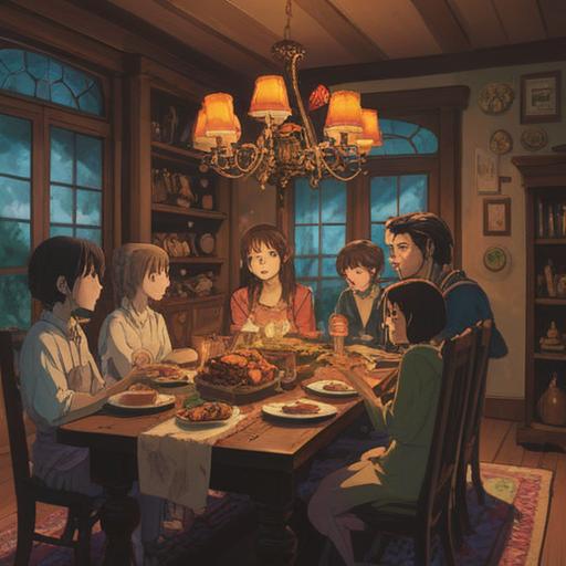 A heartwarming scene of a family gathered around a dinner table, sharing laughter and stories, hands reaching out to pass dishes, warm candlelight illuminating their faces, expressions of joy and love, a cozy home setting, children playing in the background, inviting atmosphere, deep connections, vivid details, 4k