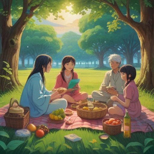 A serene and harmonious scene depicting the essence of ancestral prosperity and spiritual significance, vibrant nature, interconnected family members enjoying a picnic under a large, ancient tree, symbols of fertility like blooming flowers and ripe fruits, a gentle light illuminating the scene, a sense of unity and peace, spiritual motifs subtly integrated into the surroundings, 4k