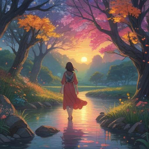 A mystical and serene landscape, blooming flowers representing fertility, vibrant colors symbolizing life and growth, gentle flowing river, ethereal light illuminating the scene, subtle animal representations of prosperity, harmonious balance of nature, tranquil atmosphere, spiritual symbols subtly integrated, 4k