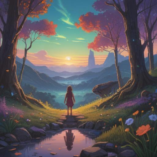 A serene and emotional scene depicting a grieving parent looking towards a glowing figure of a child in a fantastical landscape, ethereal light illuminating the surroundings, symbolic representation of love and loss, gentle winds rustling through trees, soft colors conveying a sense of hope and remembrance, a connection between the parent and child transcending the physical realm, 4k