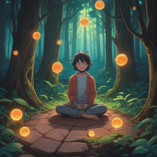 A serene illustration of a person meditating in a tranquil forest, surrounded by glowing orbs of light, vibrant greenery, symbolic elements representing personal growth, calming atmosphere, soft sunlight filtering through the trees, peaceful expression, mindful surroundings, 4k