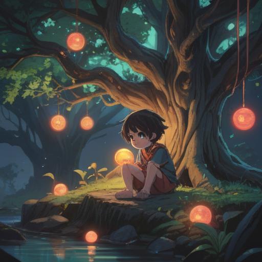 A serene and ethereal scene depicting a child sitting alone under a large, ancient tree, surrounded by soft light and floating orbs, representing spiritual guidance, a sense of isolation yet tranquility, lush green grass, gentle breeze, colorful butterflies fluttering around, aura of protection and understanding, 4k