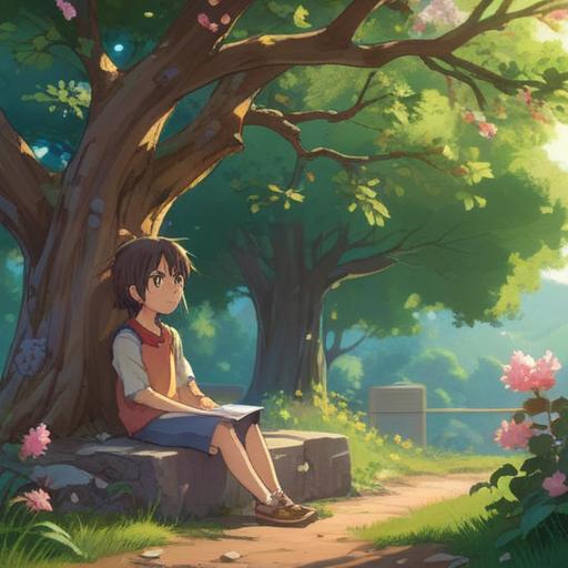 A serene and thoughtful illustration depicting a child sitting quietly under a blossoming tree, serene expression, soft rays of sunlight filtering through the leaves, surrounded by colorful butterflies, peaceful atmosphere, symbolizing introspection and spiritual growth, 4k