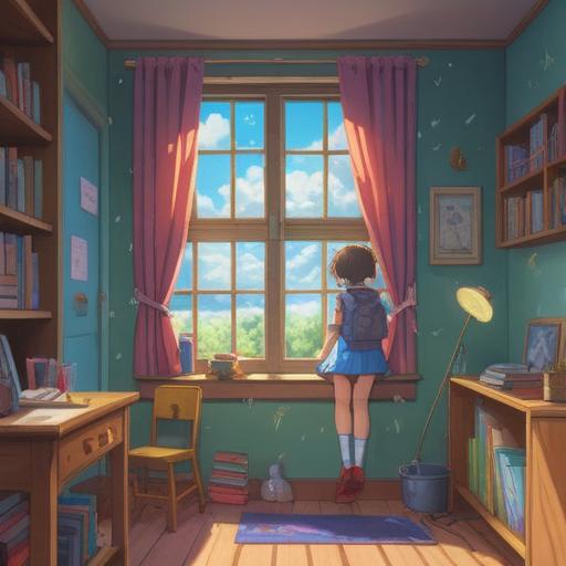 A serene illustration capturing the essence of a child's struggle with school avoidance, ethereal light shining through a window, soft clouds floating in the background, a child sitting quietly in reflection, surrounded by comforting symbols like feathers and gentle creatures, an aura of calm and introspection, signs of spiritual growth and connection, 4k