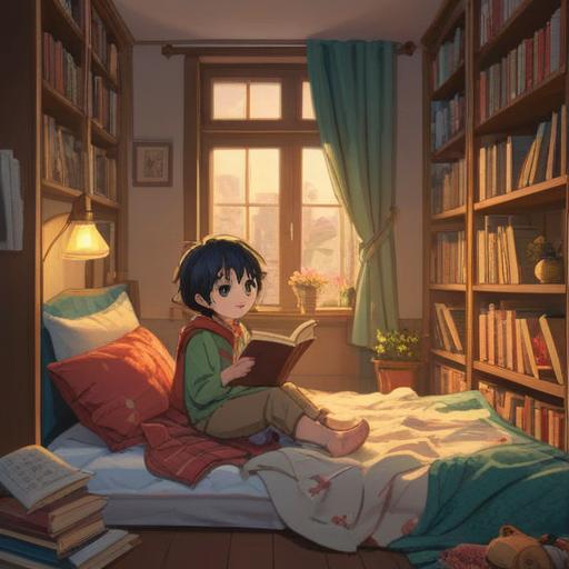 A warm and inviting scene depicting a cozy room, a child peacefully reading a book in a sunlit corner, soft pillows and blankets scattered around, plants providing a touch of nature, posters on the walls illustrating supportive messages, a gentle atmosphere promoting understanding and acceptance, 4k