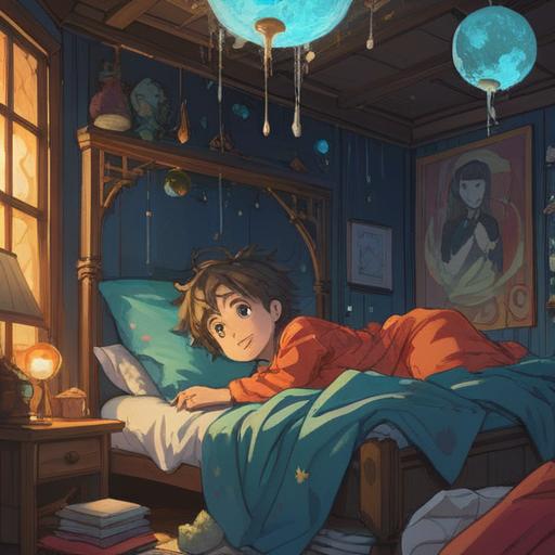 A dreamlike illustration of a child lying in bed with a fever, surrounded by glowing orbs representing spiritual energy, ethereal light filtering through the window, a calming atmosphere, gentle flowing colors, symbols of healing and warmth, whimsical details of fairy-like creatures watching over, 4k