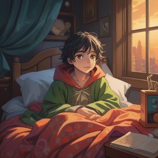 A child with a fever resting in bed, surrounded by soft blankets, warm light filtering through the window, ethereal spirits hovering nearby, symbolizing protection and guidance, a calming atmosphere, gentle expressions on the child's face, hints of mystical elements, nurturing environment, comforting presence, 4k