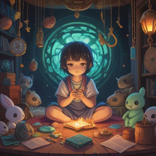 A serene illustration of a child resting peacefully, surrounded by glowing spiritual talismans, soothing colors, gentle light emanating from lucky charms, a calming atmosphere, soft and nurturing details, a cozy bedroom setting, whimsical elements like stars and soft clouds, 4k