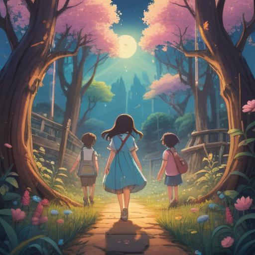 A serene and uplifting illustration, children surrounded by gentle light, symbolic elements representing protection and guidance, a nurturing atmosphere, soft pastel colors, ethereal nature scenes, guardian spirits watching over, harmonious connection between children and the universe, 4k