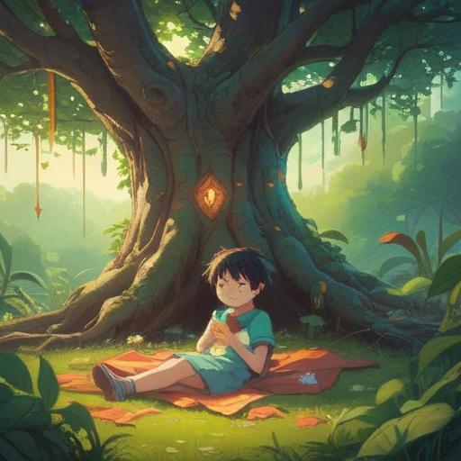 A whimsical illustration depicting a child resting under a tree, soft sunlight filtering through leaves, ethereal aura surrounding the child, symbolic representations of health and healing, vibrant colors representing energy and emotions, gentle expressions on the child's face, mystical elements like floating orbs and light trails, serene and peaceful atmosphere, deep connection with nature, 4k