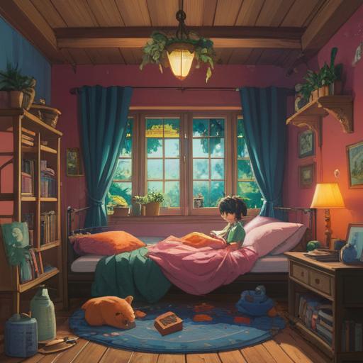 A serene scene depicting a child resting peacefully in a cozy room, surrounded by gentle light and soothing colors, incorporating elements of nature such as plants and crystals, a calming aura, symbolic representations of wellness like healing energies and soft mist, a sense of tranquility and spiritual healing, vibrant yet soft color palette, inviting atmosphere, 4k